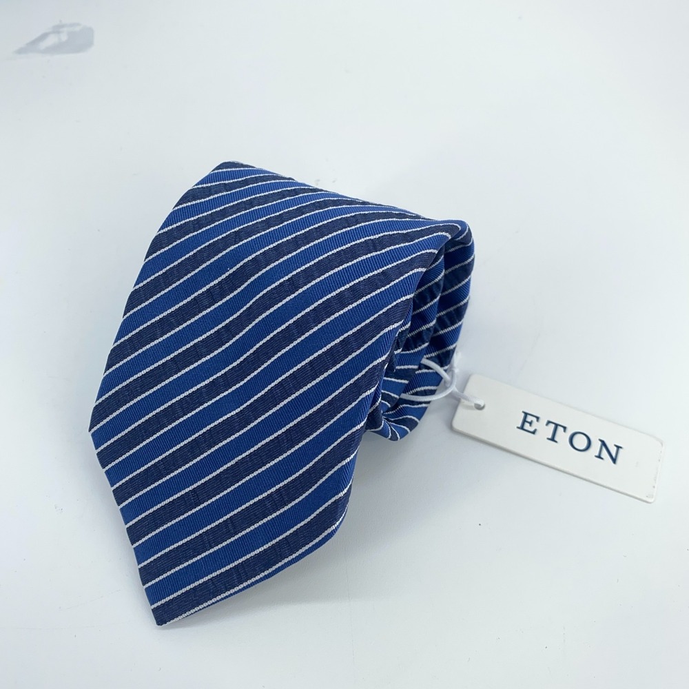 Eton Tie Men One Size Blue White Striped Silk Classic Fit Necktie Italy Made NWT